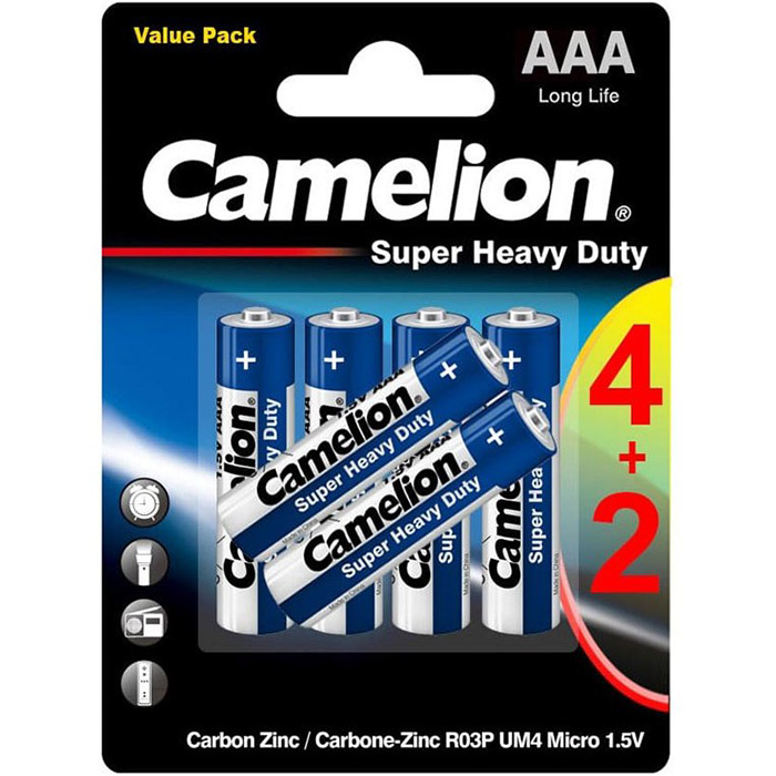 باتری 6تایی نيم قلمي کملیون مدل Camelion Super Heavy Duty R03P 1.5V